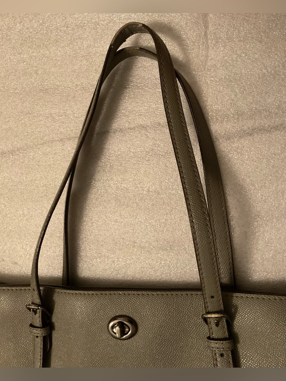 Coach Large Turnlock Tote Taupe Greige Leather XL Shoulder Bag Silver Hardware | listing photo 15