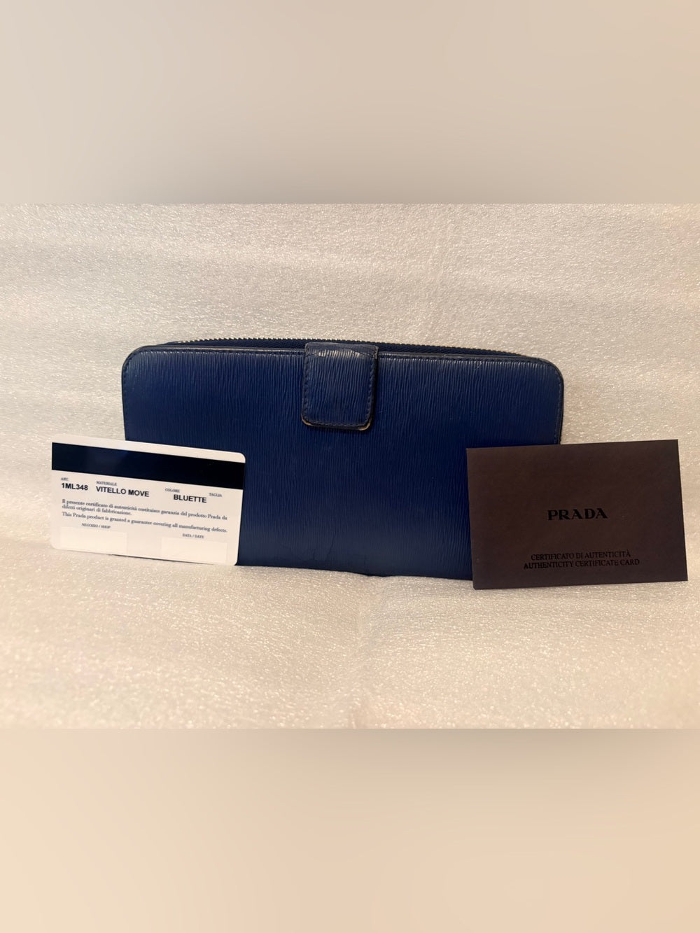 PRADA 1ML348 Vitello Move Bluette Blue Leather Continental Authenticity Card | listing photo 2