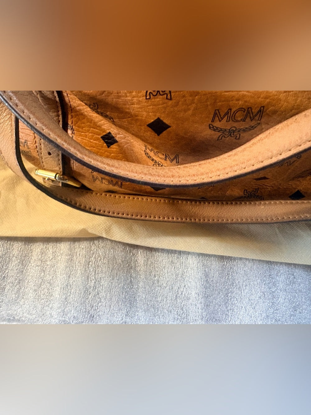 MCM Cognac Visetos Large Zip Tote Shoulder Bag Gold Hardware J4279 | listing photo 12